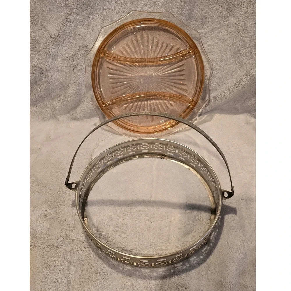 Vintage Pink Depression Glass‎ Divided Relish Dish Silver Filigree Handle Caddy